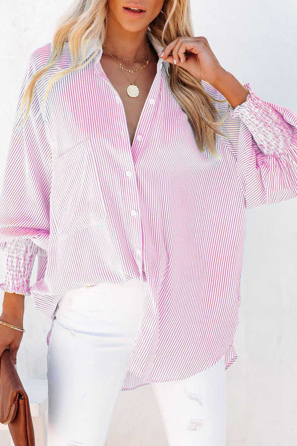 Pink Striped Boyfriend Shirt with Smocked Cuffs & Pocket