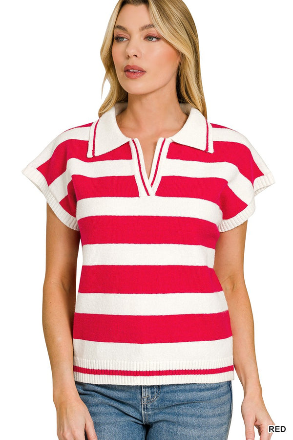 Striped Polo Sweater — Red & White Short Sleeve V-Neck Knit