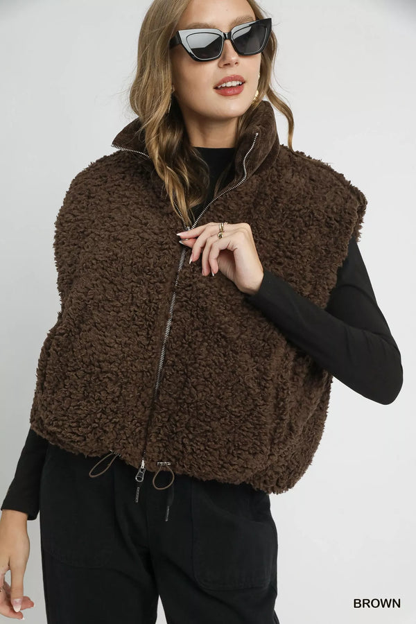 Umgee Sherpa-Lined Zip-Up Vest with Drawstring Hem
