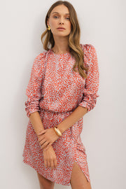 Elegant leopard print shift mini dress in smooth polyester fabric