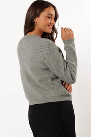 Gray ribbed cardigan showing round neckline and long sleeves