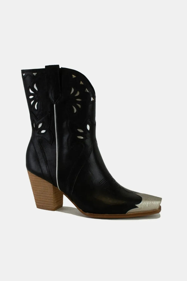 Black Boots — Cut-Out Floral Embroidery Western Mid-Heel Boots