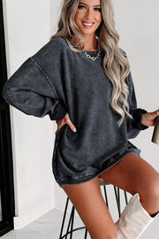 Gray solid pullover sweatshirt with textured ribbing and round neckline