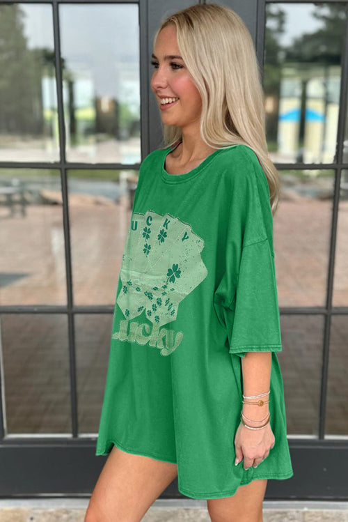 Rhinestone poker card slogan print detail on green t-shirt mini dress