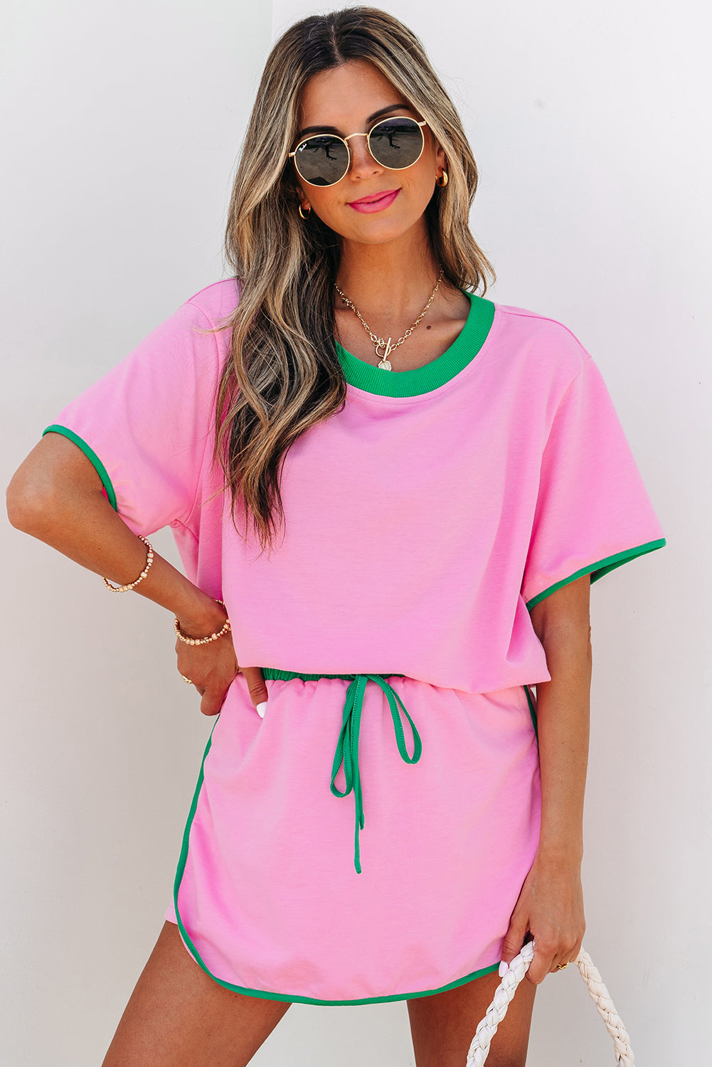 Turquoise Colorblock Drop Shoulder Tee & Skort 2-Piece Set