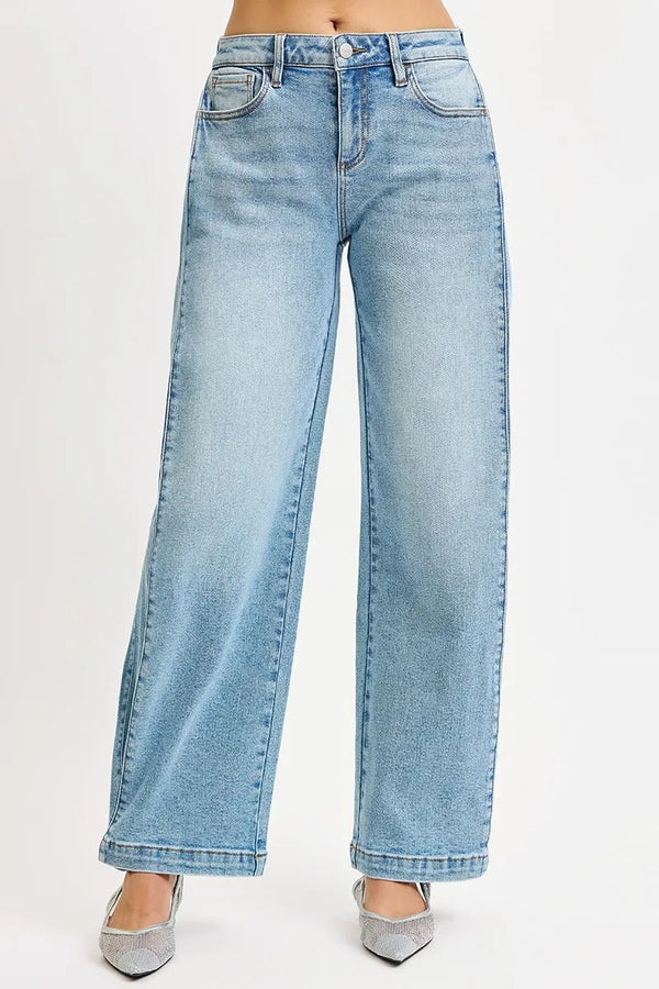 RISEN Mid-Rise Wide Barrel Snap-Hem Jeans