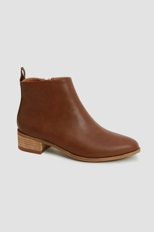 Brown Boots — PU Leather Block Heel Ankle Boots