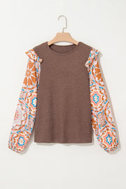 Textured waffle knit floral ruffle blouse in rich coffee tone