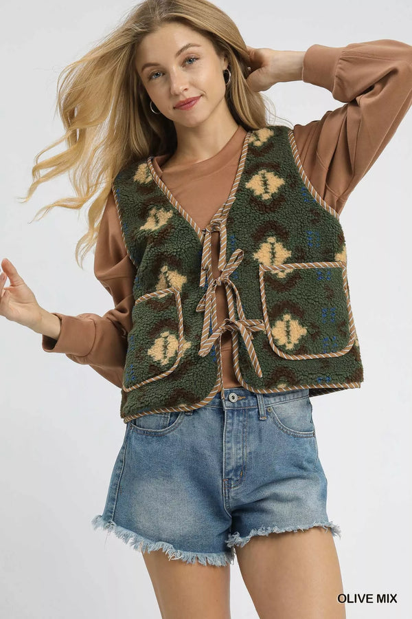 Sherpa Mix-Pattern Tie-Front Vest