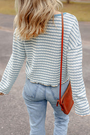Sky blue stripe long sleeve Henley top with delicate frilly trim detail