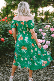Southern belle style green floral bubble sleeve midi dress
