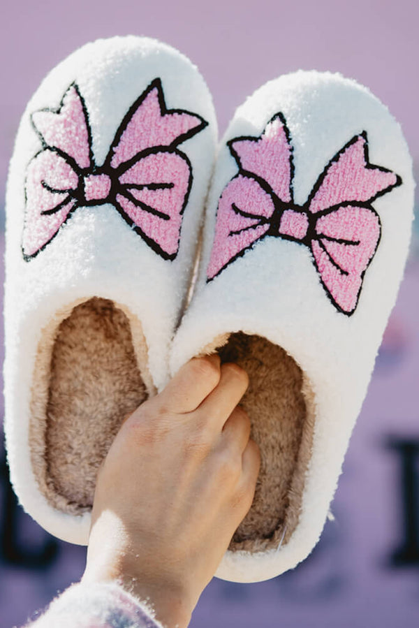 White Bowknot Fuzzy Winter Slippers