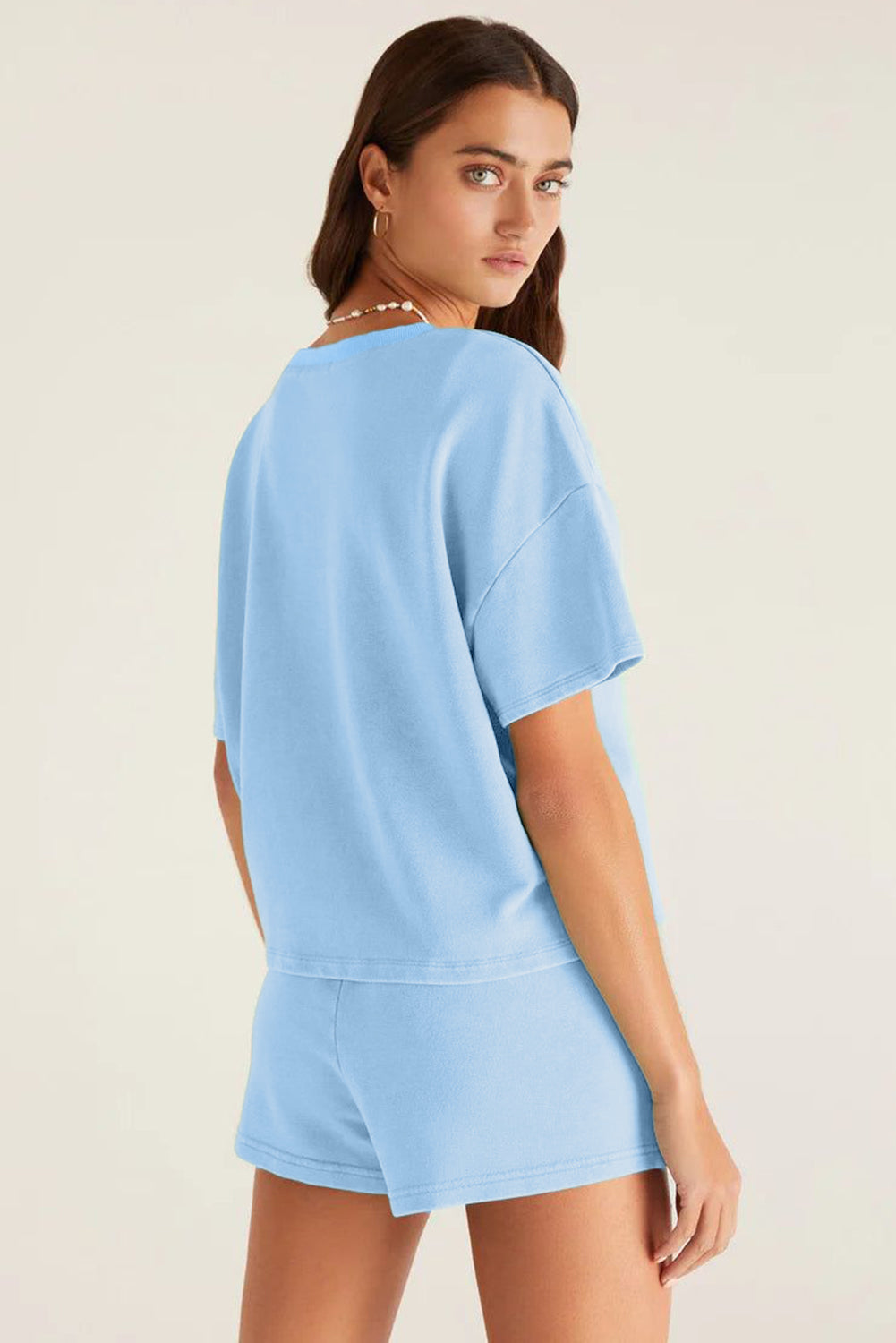 V Neck Drop Shoulder Tee and Patchwork Drawstring Elastic Waistband Shorts Set