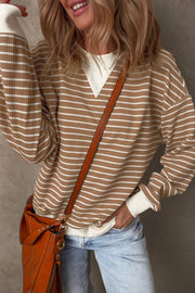 Relaxed shift long sleeve top in khaki stripe with striped pattern