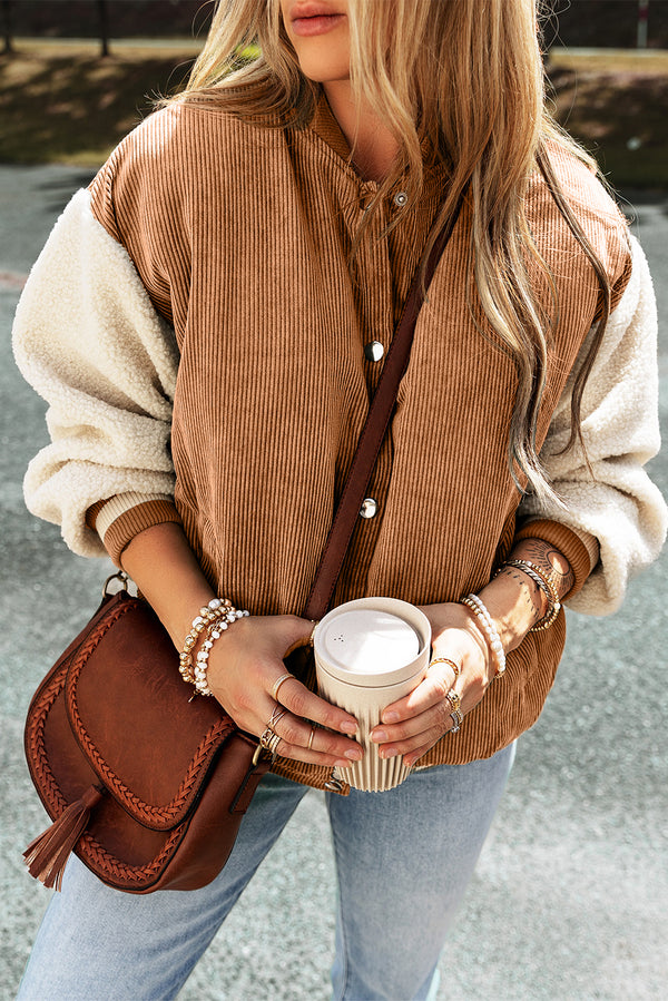 Bomber Jacket in Buckskin Corduroy with Faux Shearling & Varsity Trim