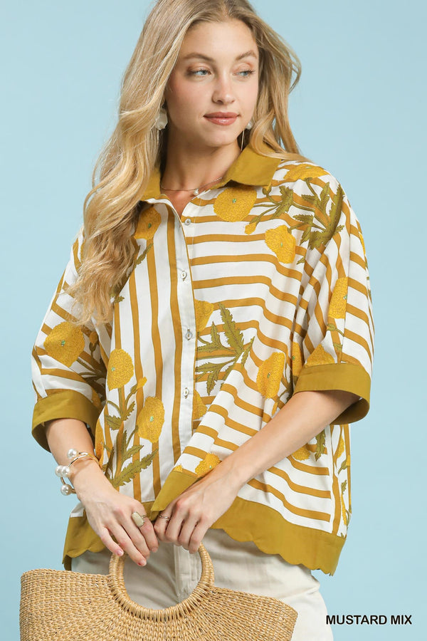 Mix Floral Stripe Button-Down Top