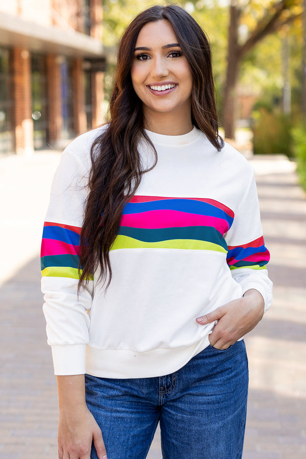 Graphic Tee - White Colorful Striped Long Sleeve T-Shirt