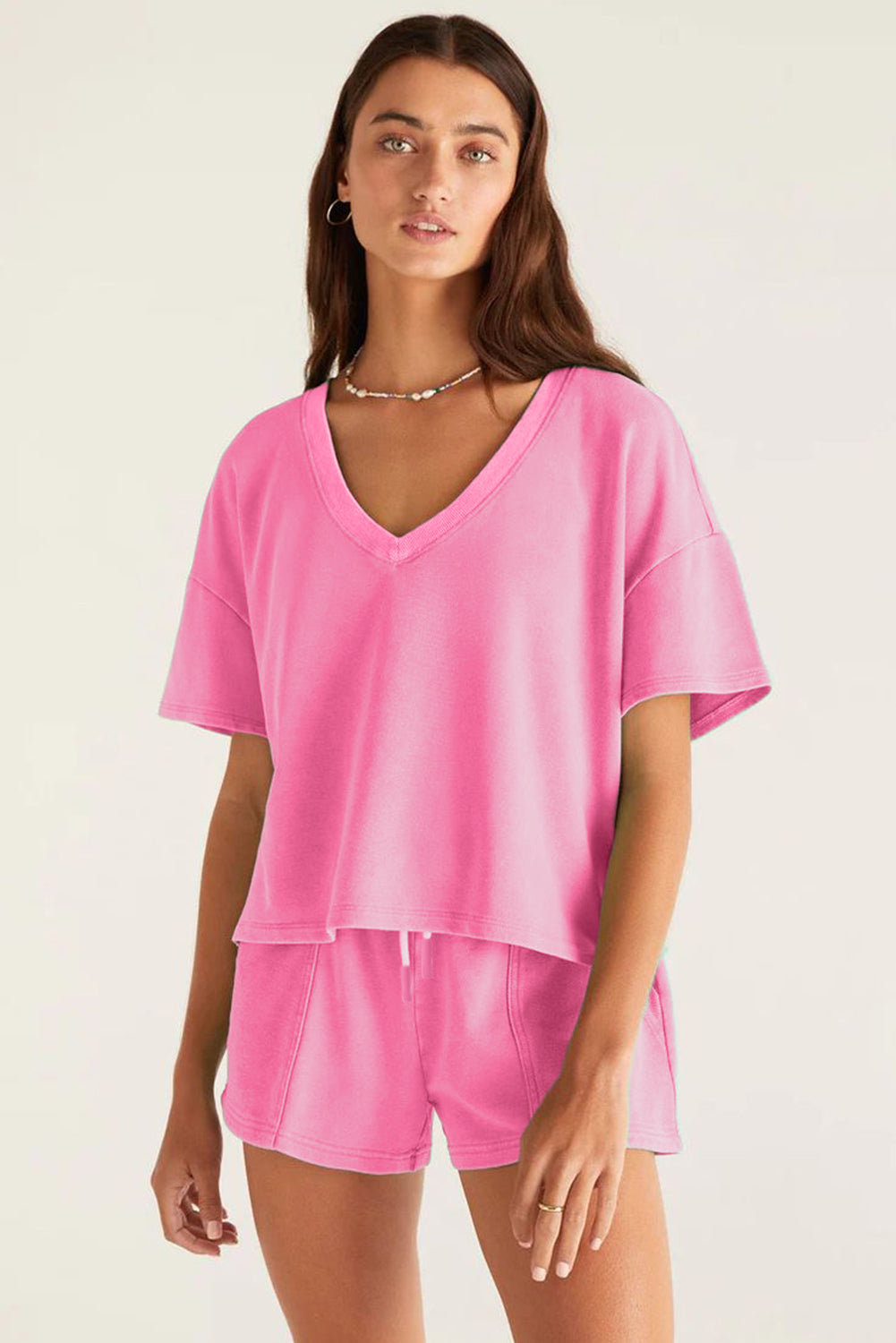 V Neck Drop Shoulder Tee and Patchwork Drawstring Elastic Waistband Shorts Set