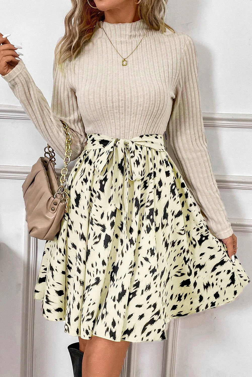 Beige ribbed knit patchwork A-line mini dress with belted waist