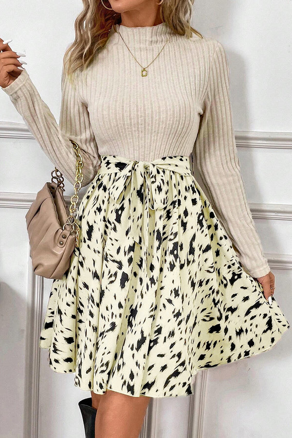 Beige Ribbed Knit Patchwork Belted A-line Mini Dress