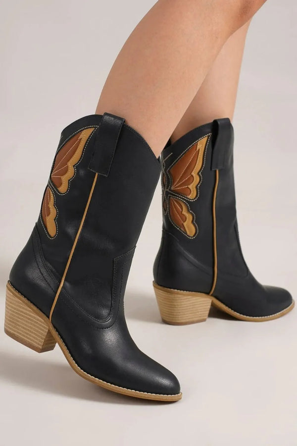 Black Boots with Butterfly Cut-Out Point Toe Detail