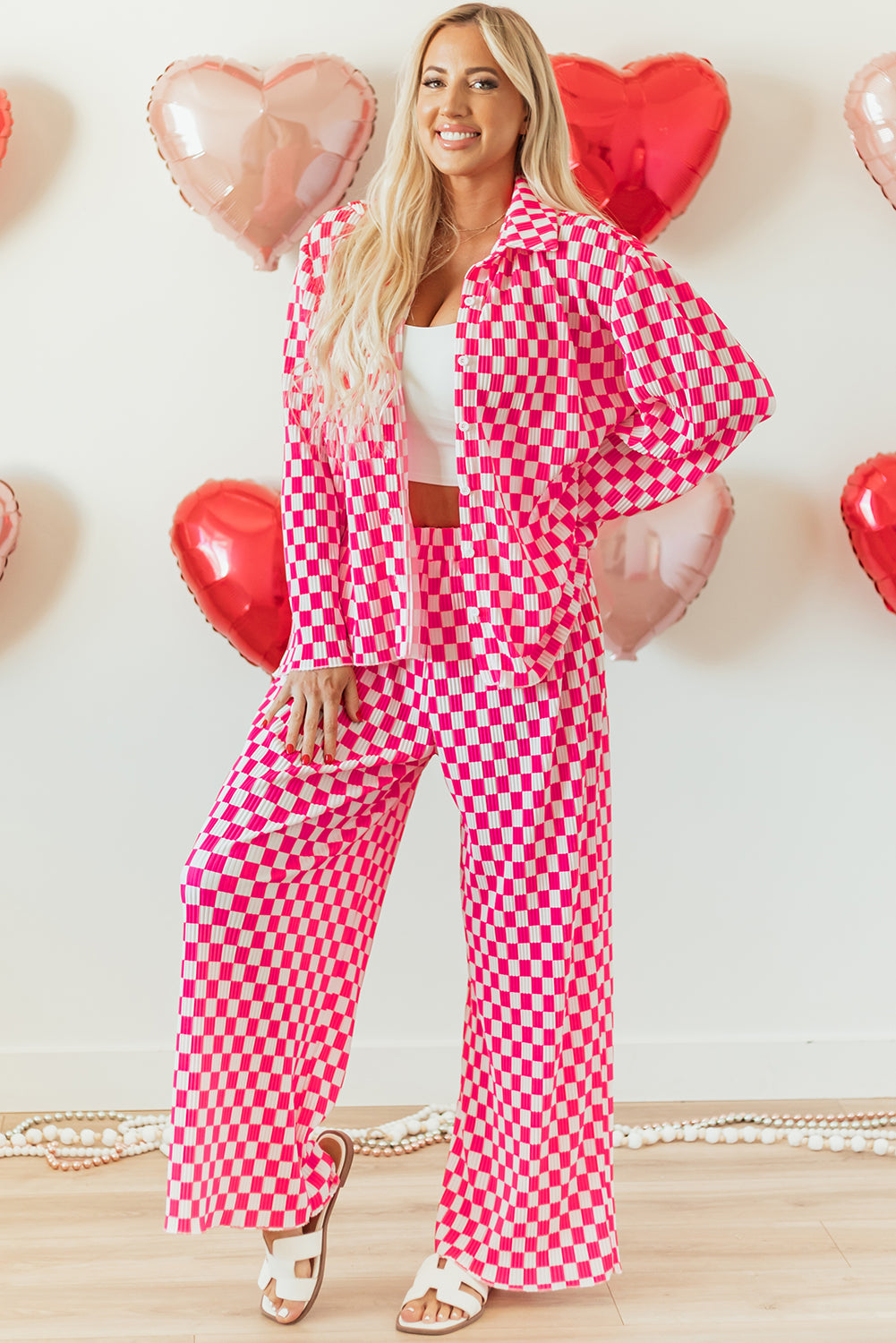 Pink checkered pajama set with buttoned long-sleeve shirt and high waist pants