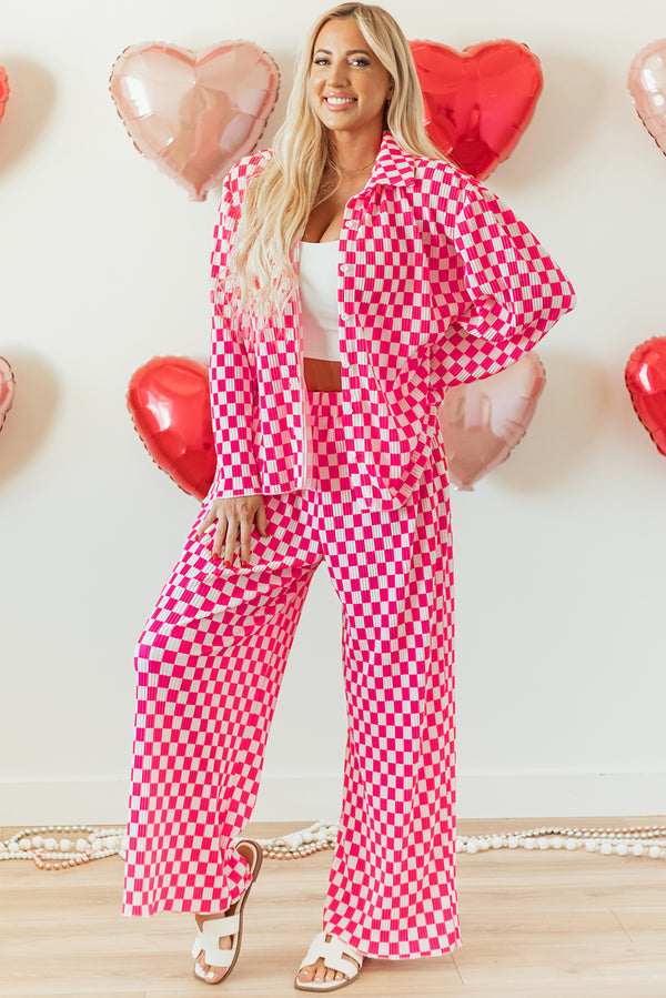 Pink Checkered Pajama Set with Buttoned Shirt & Pants