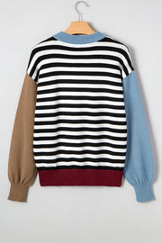 Chic knit sweater with striped body and bold colorblock sleeves