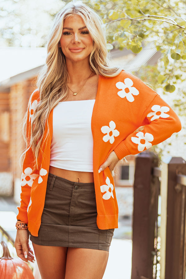 Orange Floral Knit Open Front Loose Cardigan