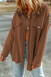 Brown long sleeve shacket styled open over layers for casual winter wear