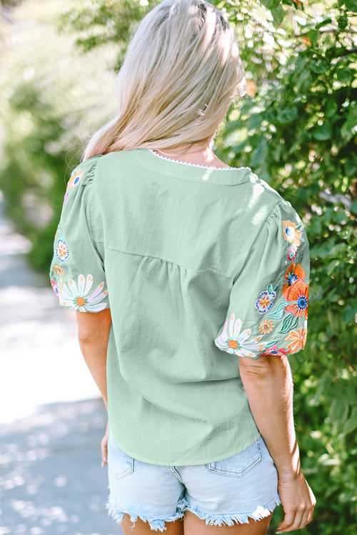 Aqua Floral Embroidered Puff Sleeve Split Neck Blouse