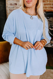Plus Size Ribbed Long Sleeve Top in Myosotis blue with patch pocket detail