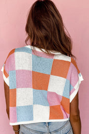 Color block cap sleeve sweater with shift silhouette and short cap sleeves