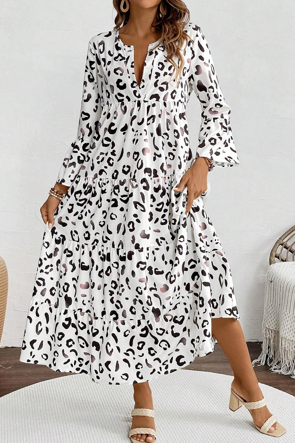 White leopard print notch V neck maxi dress with tiered flowy skirt