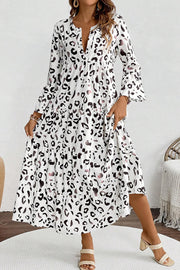 White leopard print notch V neck maxi dress with tiered flowy skirt