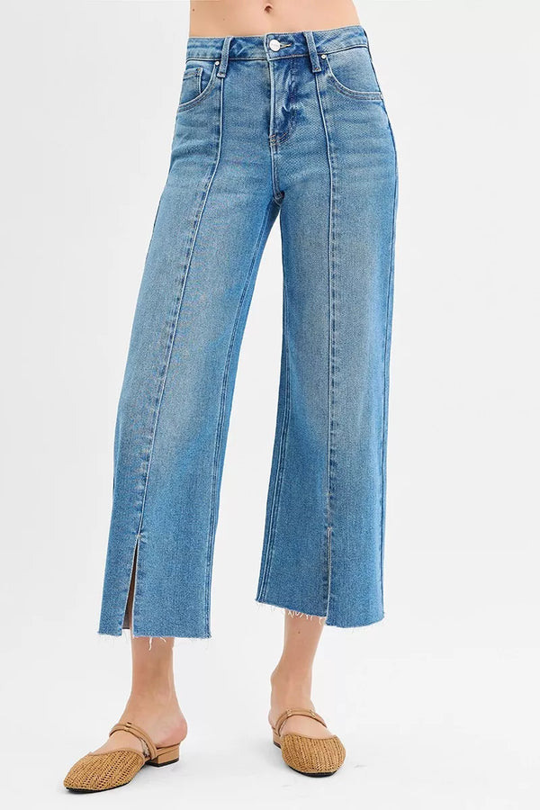 Mid-Rise Crop Wide-Leg Jeans with Front Slit