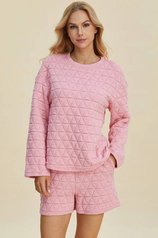 Texture Long Sleeve Top and Shorts Two Piece Loungewear Set — Sizes S–3XL
