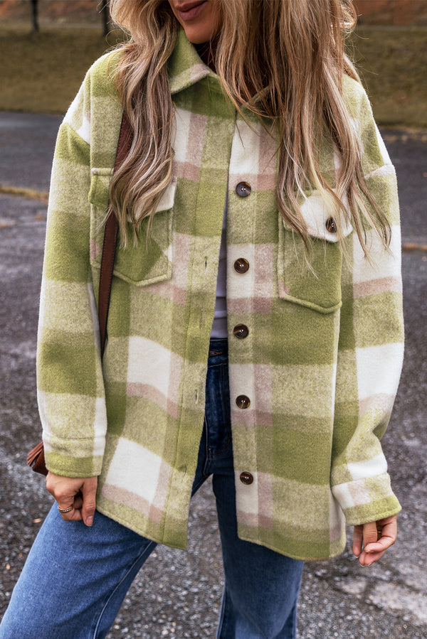 Plaid Shacket in Sage Green – Oversized Buttoned Flap Pocket Jacket