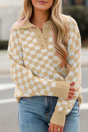 Long sleeve checkered sweater with easy shift silhouette