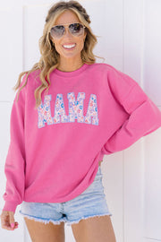 Floral MAMA Embroidered Sweatshirt showing relaxed oversized fit