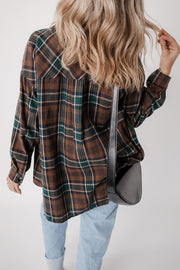 Plaid shirt jacket showing two chest flap pockets
