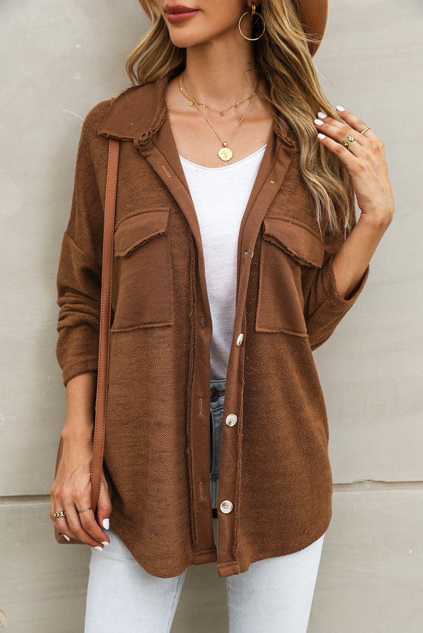 Womens Oversized Brown Jacket Shacket with Contrast Flap Pockets