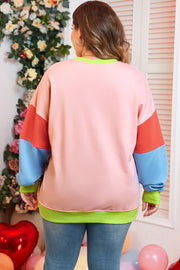 Plus size colorblock patchwork sweatshirt showing crew neckline and long sleeves