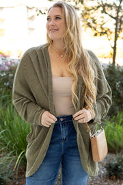 Plus size waffle knit open front cardigan in calming seagrass green