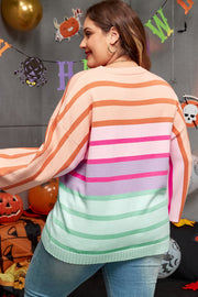 Plus size balloon sleeve sweater in striped color block knit with relaxed shift fit