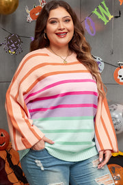 Pink stripe crewneck plus size sweater with long balloon sleeves and stretchy knit