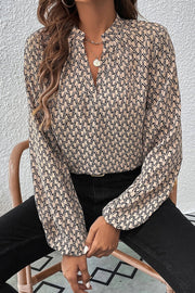Khaki puff sleeve blouse in soft geometric print polyester