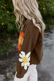 V-neck floral knit sweater with long sleeves and high-stretch fabric