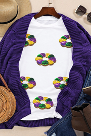 White sequined Mardi Gras top styled for casual festive wear
