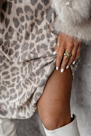 Gray leopard mini dress styled for day to night
